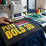 Close-up of embroidery machine creating bold 3D puff embroidery design.